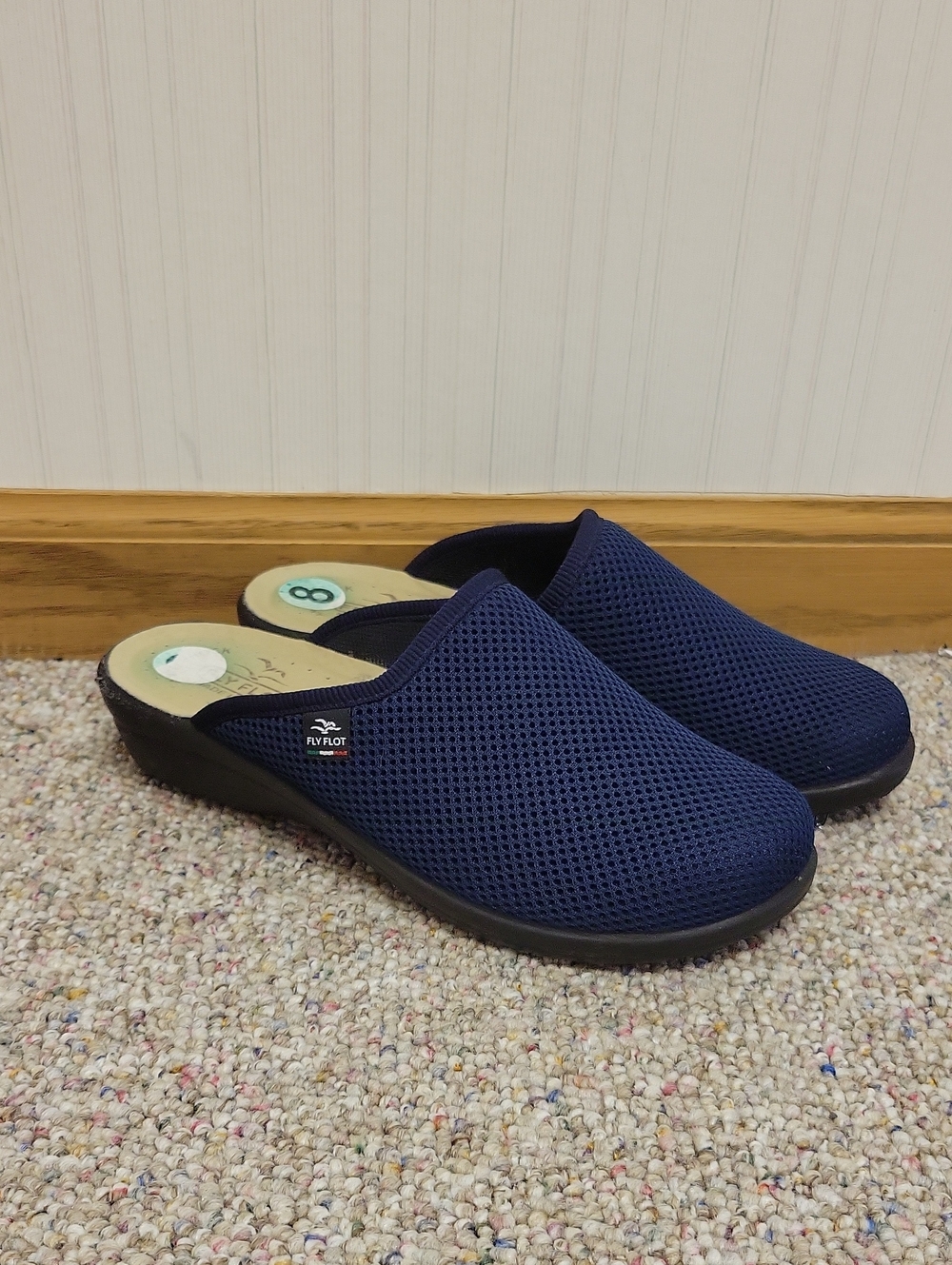 Fly Flot Navy Women's Slip-On Clog Mules Sz 8. Made In Italy. Leather Insoles.